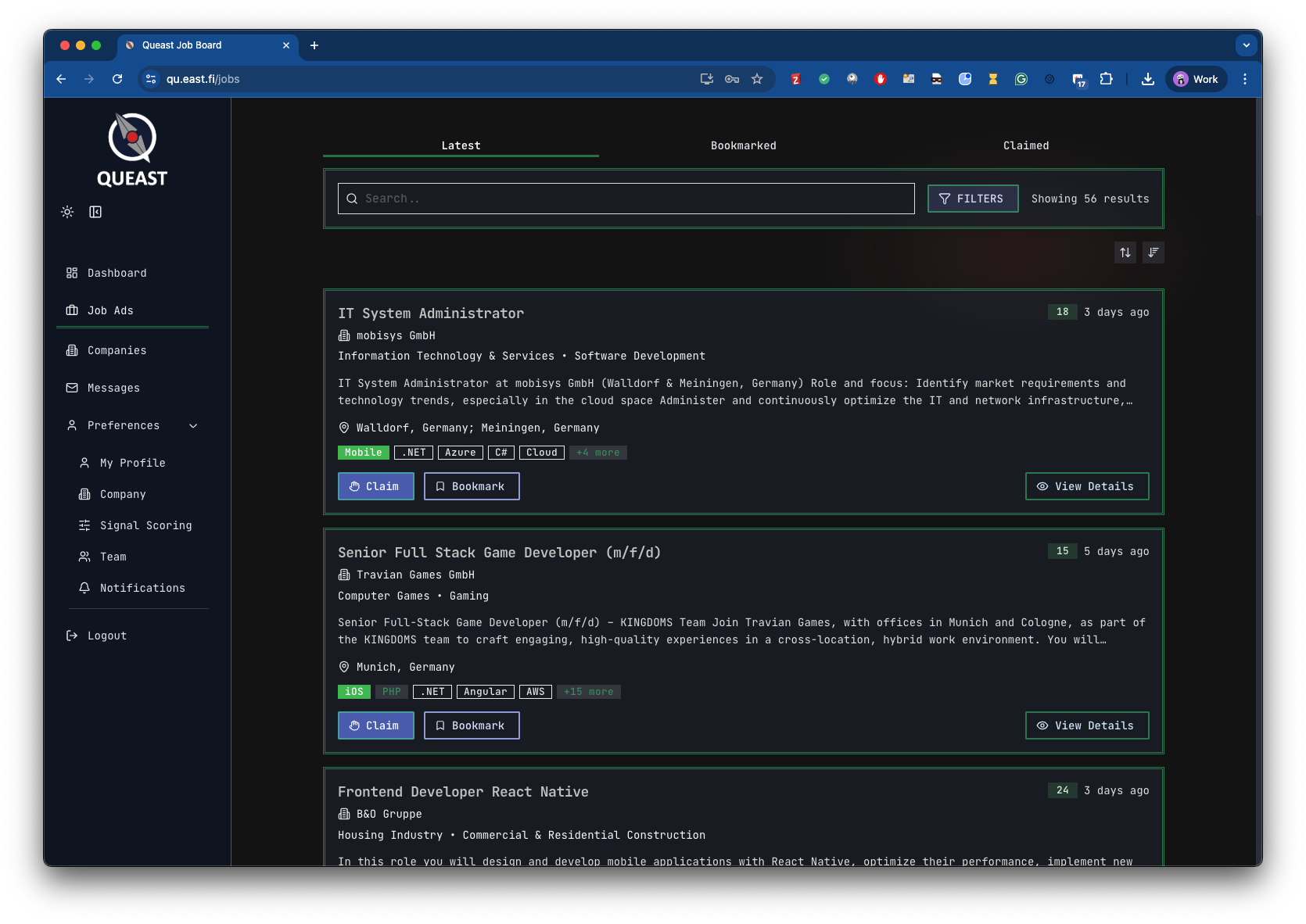Job ads listing interface