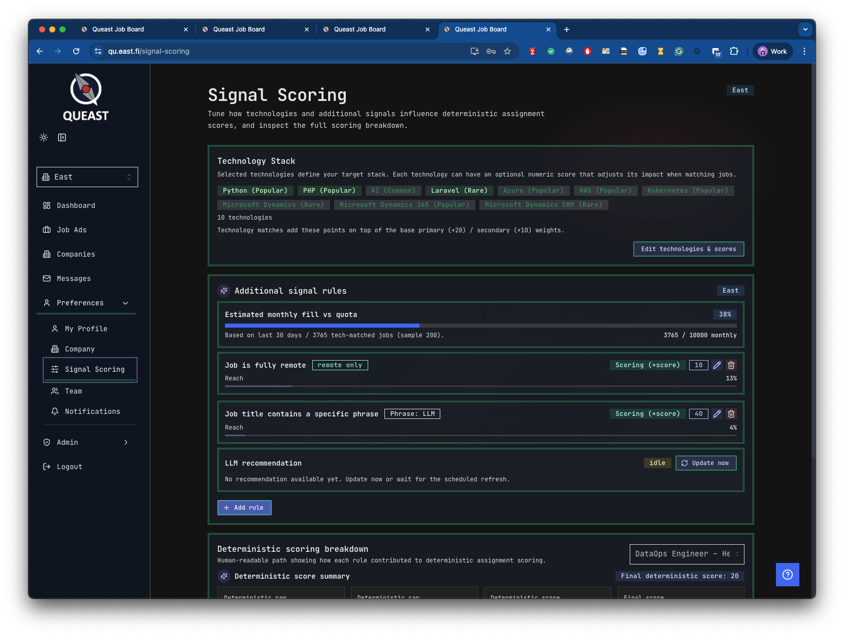 Signals dashboard with scoring